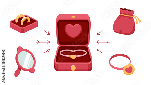 Romantic Gift Set: A beautifully curated collection of romantic treasures, featuring a heart-shaped necklace in a velvet box, accompanied by a ring, purse, mirror and bracelet.