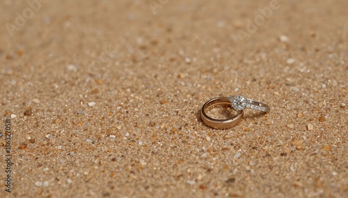 Beautiful Wedding Ring Resting on the Sandy Beach During a Sunny Day