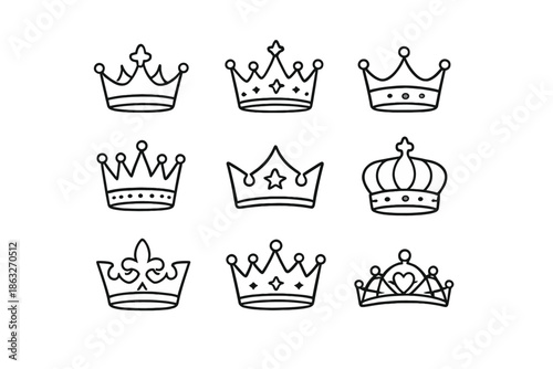Collection of nine black and white crown icons
