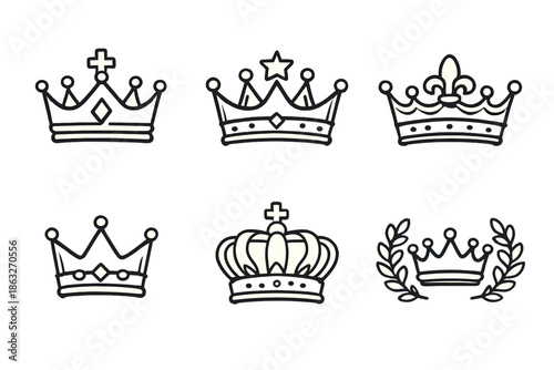 Six Hand-Drawn Crown Icons on a Textured Background