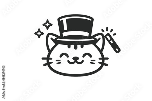 Cute cartoon magician cat with a top hat and magic wand