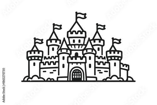 Outline of a fantasy castle on a gray background