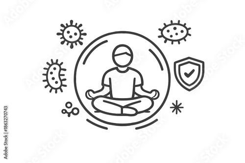 Person meditating in a protective bubble surrounded by viruses