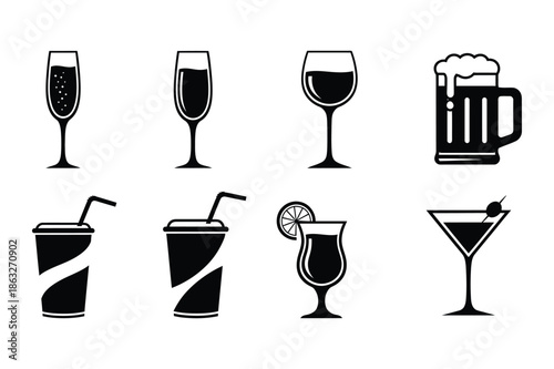 Beverage and Cocktail Icons with Glassware and Beer Mug