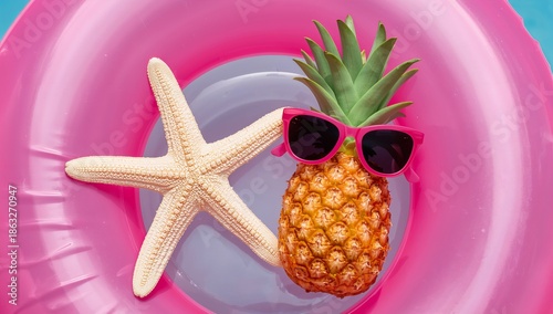 Pineapple and Starfish on Pink Float in Blue Water During Sunny Afternoon