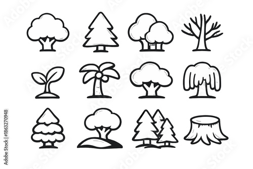 Set of stylized tree icons on a dark gradient background