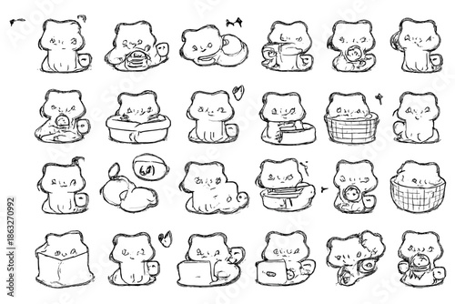 Cute cartoon bears sitting and interacting with objects