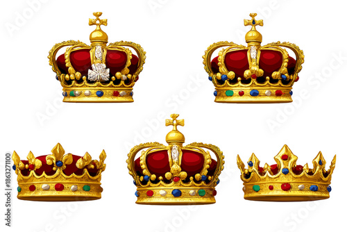 Five royal crowns on a golden background