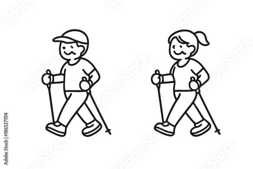 Cartoon Couple Nordic Walking Together