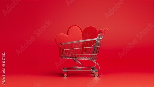 Shopping Cart Filled With Red Hearts on a Red Background During a Festive Season