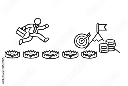 Businessman running past traps towards success