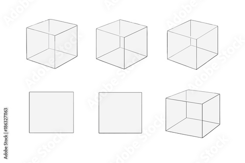 Six transparent cubes on a gradient background