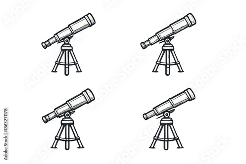 Four telescopes on tripods in a dark background