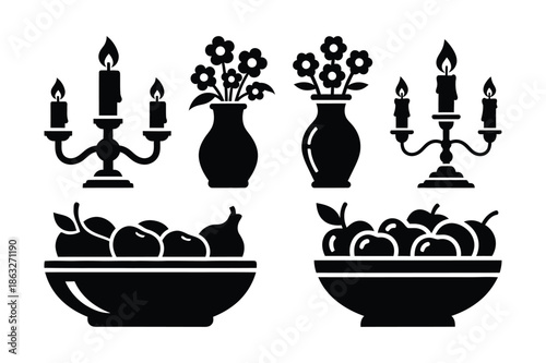 Home Decor Icons with Candelabras Vases and Fruit Bowls