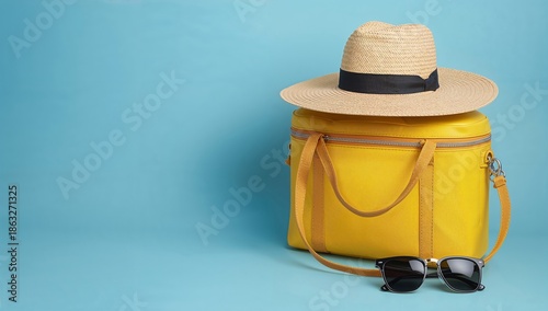 Yellow Bag With Straw Hat and Sunglasses on Blue Background