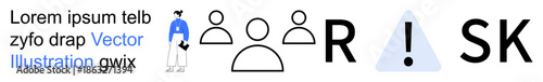 Business management, team dynamics, caution, decision-making, risk strategy, workplace communication. Minimalist design with human icons, alert sign and the word risk. Business management