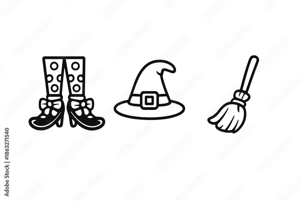 Fototapeta premium Halloween Witch Icons: Boots, Hat, and Broomstick