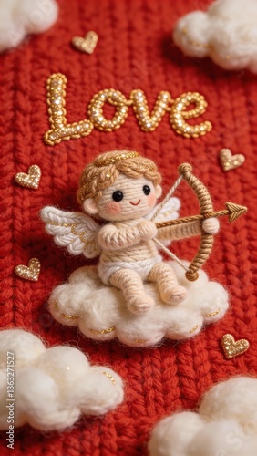 Cupid above a fabric heart with golden LOVE text. Romantic handmade textile concept with stitched details.