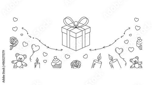 Gift Box Festive Display: A celebratory graphic, featuring a central gift box, surrounded by playful illustrations such as balloons, hearts, sweets, teddy bears, and candles.