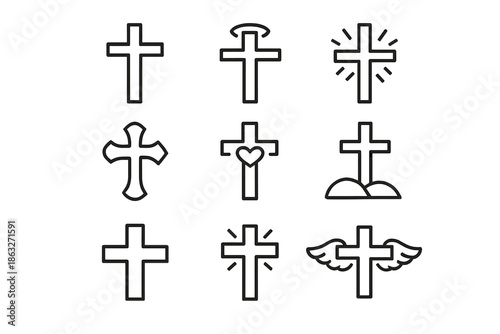 Collection of Nine Christian Cross Icons with Various Embellishments