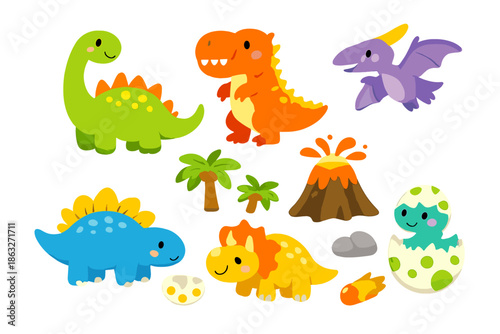 Cute Dinosaur Cartoon Characters with Neon Glow