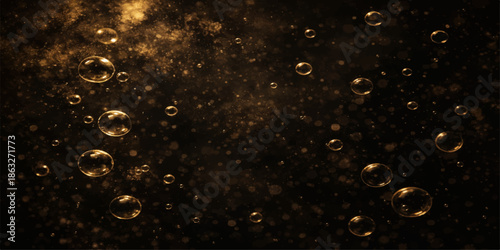 Abstract macro texture of clear blue water droplets and liquid rain dew forming a clean transparent pattern on a wet black glass surface reflection