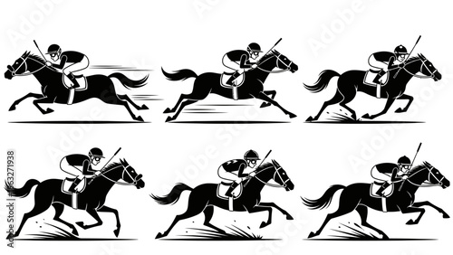 six silhouette illustrations of jockey riding racehorse in full gallop on racetrack showing different phases of horse racing competition with dynamic motion blur and dust effects