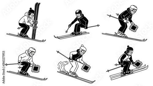 six cartoon illustrations of male skier dressed in winter sportswear performing ski slalom with ski poles and carrying a square object in various stances on snow covered slope