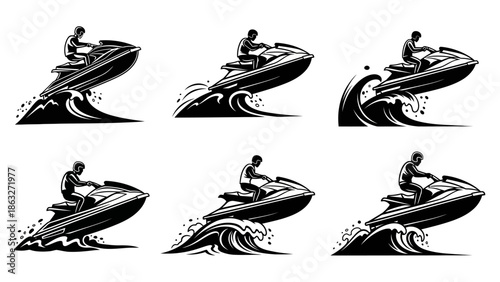 Dynamic collection of six monochrome jet ski illustrations capturing thrilling water sports action with riders navigating powerful waves in various exciting poses on personal watercraft