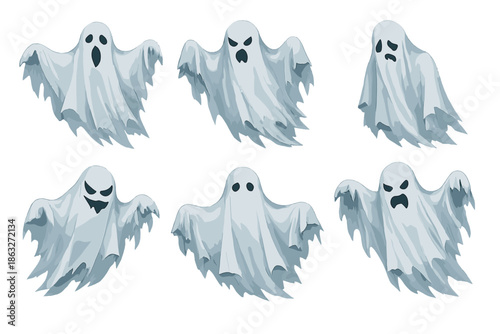 Six Spooky Ghosts Floating on a Grey Background