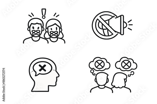 Icons representing censorship and suppression of speech.
