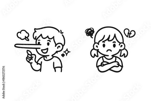 Cartoon boy with Pinocchio nose and angry girl