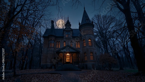 Historic Mansion Shines at Dusk With Bright Windows and Dark Trees Surrounding