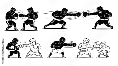 boxers fighting and training, vector illustrations, combat sport and martial arts, action and power in boxing poses, graphic representations of fighters