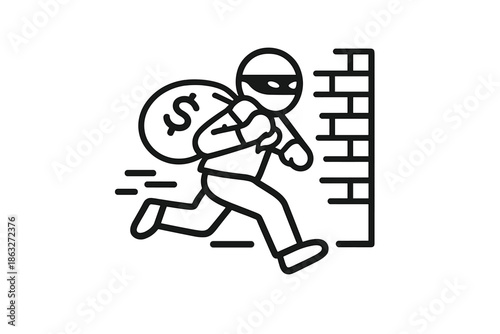 Burglar running with money bag near brick wall icon