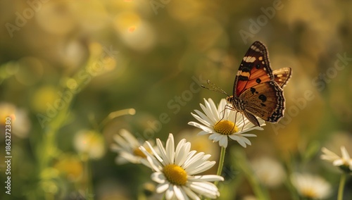 Butterfly Rests on a Daisy During a Sunny Afternoon in a Field of Flowers