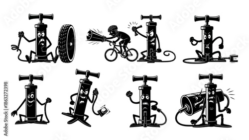 bike pump characters in various actions, funny cartoon vector set, inflating tires and expressing emotions, sports equipment and accessories, playful and whimsical illustrations