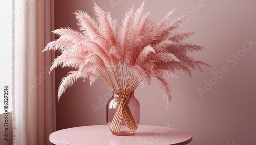 Pink Pampas Grass Bouquet in a Glass Vase on a Light Pink Background