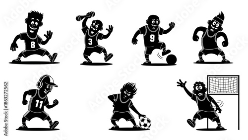 Collection of black and white vector illustrations featuring stylized soccer football players in different actions and poses including dribbling kicking and celebrating isolated on white background