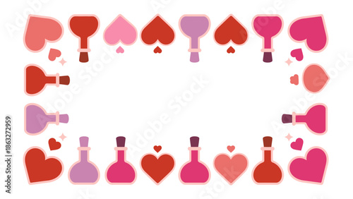 Love Potion border: A vibrant border design adorned with heart and potion illustrations, exuding a playful and romantic vibe.