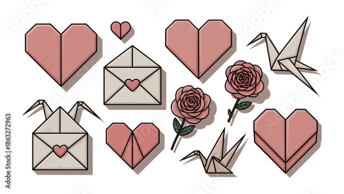 Love's Delicate Artistry: A collection of exquisite origami creations, featuring hearts, envelopes, roses, and cranes, each meticulously folded and radiating a sense of tender affection.