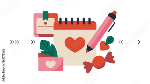 Love and Schedule: A romantic illustration, where calendar, heart, pen, and additional elements compose a vibrant illustration.