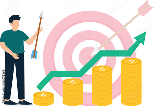Man planning business success financial growth investment strategy market target money stacks goal achievement upward arrow profit increase wealth management future planning