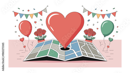 Love's Destination: An illustrated depiction, a heart floats above a map, symbolizing the pursuit of love, adventure, and cherished memories.