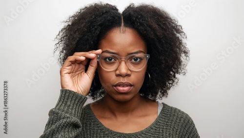 Woman Adjusts Glasses While Looking Directly at the Camera in a Simple Indoor...