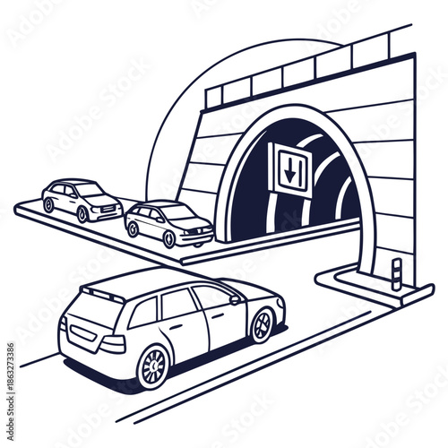 Title: A black and white line of cars entering a tunnel with a downward arrow sign