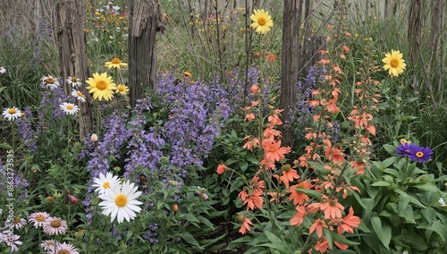 Bright Flowers Cover Wooden Surface in Outdoor Garden Setting During Daylight...