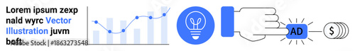 Data analysis, marketing strategies, business solutions, creative ideas, advertising revenue, innovation. Chart, lightbulb hand pressing ad button and money. Data analysis and marketing strategies