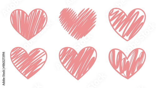 Hand-Drawn Hearts: A set of six charming hand-drawn hearts, each with a unique, textured style, ready to express love and affection.