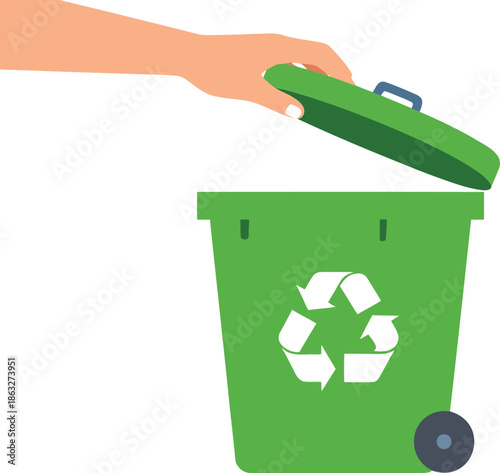 Hand opening green recycling bin with recycle symbol